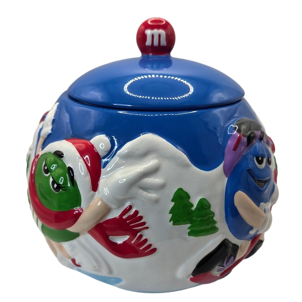 M&Ms‎ Winter Skiing Snowboarding Ceramic Cookie Jar Blue Holiday Christmas Decor